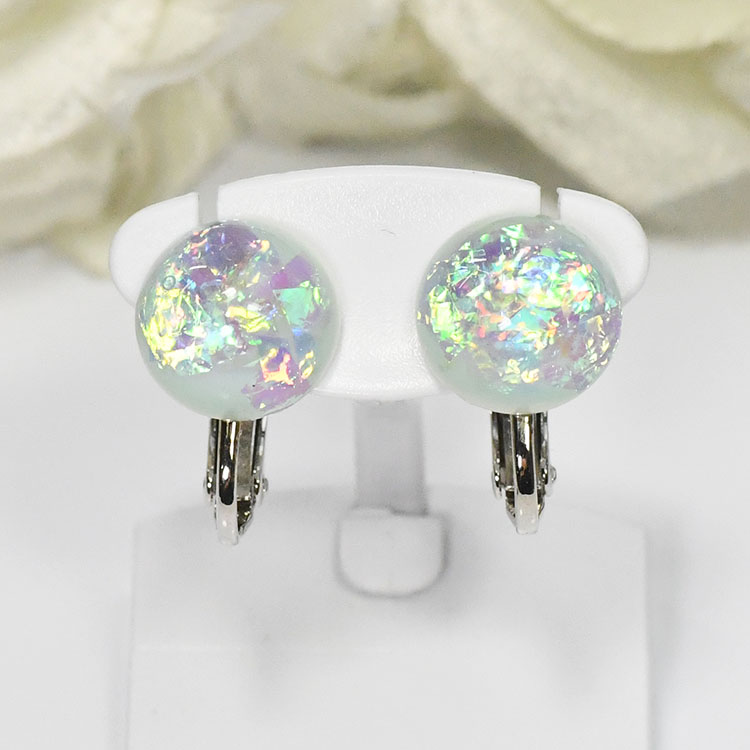 ミステリアスアクアイヤリング ノンホール 人工オパール 遊色効果 日本製 国産 手作り