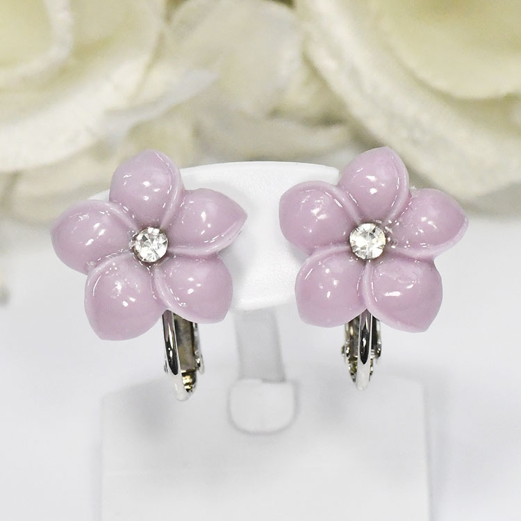 プルメリアイヤリング クリスタル添え パープル 夏のイヤリング ノンホール 日本製 国産 手作り