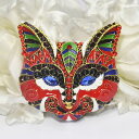 大きめブローチ キャットフェイス マスカレードブローチ タイプC バッグや帽子・洋服に 猫 クリスタル 仮面舞踏会 日本製 国産 手作り