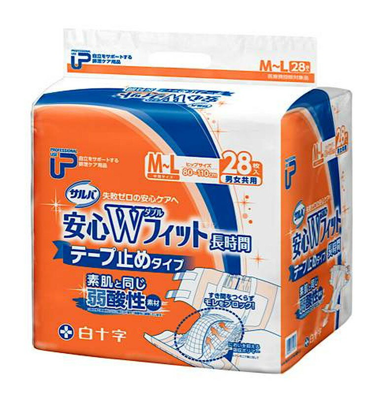 【商品説明】テープ止めタイプ。素肌と同じ“弱酸性素材”を吸収体表面とパルプ層に使用しております。Wフィット構造がフィットして、背モレ・横モレを防ぎます。ムレ・カブレを防止する全面通気性シート使用。【製品仕様】生産国：日本【規格／品番／JAN／入数】M−L／35596／4987603355965／28枚【医療機器の分類】該当なし