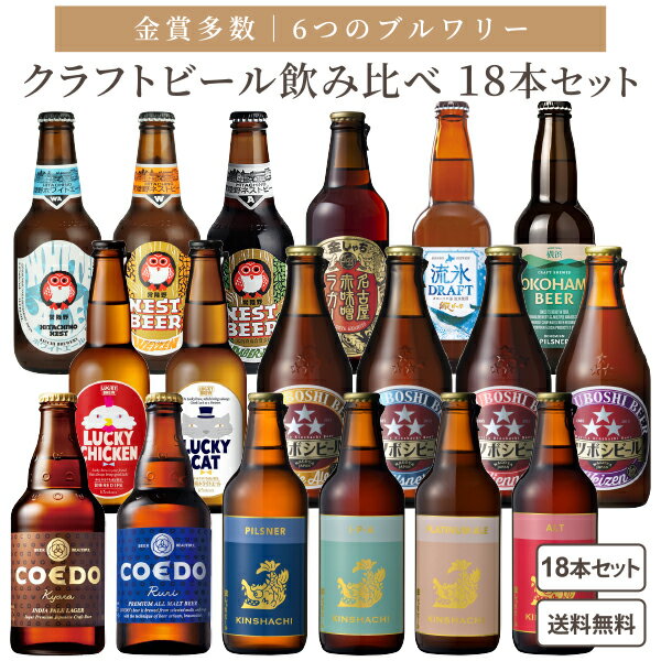 【ポイント10倍】6ブルワリーから厳選！ 金賞 クラフトビール 飲み比べ 18本 セット 【一部地域を除き送料無料】 地ビール 瓶ビール ギフト プレゼント イベント コンペ 流氷ドラフト 常陸野ネスト 横浜ビール 金しゃち コエド 黄桜 ミツボシビール