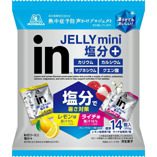 【名称】森永製菓 森永 インゼリー ミニ 塩分＋ 塩分プラス inゼリー 252g×15袋×4ケース (60袋)【商品詳細】小腹を満たしつつ弾力のある食感を楽しみ、塩分＋3種のミネラル配合でこまめに暑さ対策が出来る、少容量のinゼリーです。【容量】252g【入数】60【保存方法】商品記載の保存方法にて保管してください。【メーカーまたは輸入者】森永製菓【JAN】4902888735219【注意】ラベルやキャップシール等の色、デザインは変更となることがあります。またワインの場合、実際の商品の年代は画像と異なる場合があります。 【商品につきまして】 最新の商品情報を表示するよう努めておりますが、メーカーの都合により、商品規格・仕様(容量、パッケージ、原材料、原産国など)が変更される場合がございます。 このため、実際にお届けする商品とサイト上の商品情報の表記が異なる場合がございます。 予めご了承ください。 【送料につきまして】 離島地域は、別途メールにて追加金額をご連絡いたします。 【ご注文時のキャンセル・変更につきまして】ご注文確定メール配信後のキャンセル・変更は受け付けておりません。 【発送につきまして】 ・商品によって発送元・配送業者が異なる場合がございます。予めご了承ください。 ・異なる受注番号の商品を同梱することは出来ません。 ・PPバンド、透明テープで補強しております ・お届け先の変更、営業所留め指定はできません。 ・長期不在、お届け先の誤入力などによって、商品が弊社に持ち戻りとなった場合につきましては、衛生上の観点から再発送を致しておりません。商品代金につきましては、お客様のご負担となりますのでご注意ください。 【返品・交換・キャンセル・保証につきまして】 食料品となりますので、不具合のない場合、未開封・未使用に限らず一切返品を受け付けておりません。万が一お届けした商品に不具合がございましたら、商品到着後7日以内にご連絡をお願いいたします。交換等の対応をさせていただきます。 ただし7日を過ぎたものは対応できませんのでご注意ください。 7日以内でも、商品を使用または廃棄した場合は対応できません。 外箱の汚損・破れ、缶の傷・へこみ等の返品・交換はできかねます。 【その他注意事項につきまして】 ・12時以降のご注文は翌営業日の対応となります。 ・重複発行を避けるために弊社では領収書は発行できません。ご了承ください。