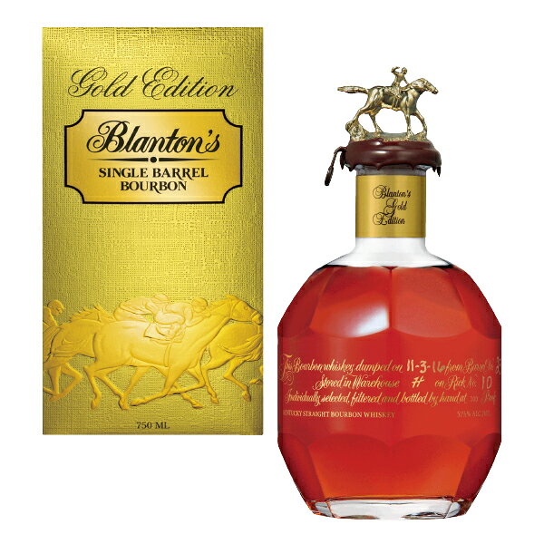 【名称】宝酒造 ブラントン ゴールド バーボン シングルバレル 専用カートン付き 箱付き 750ml×1本 【商品詳細】 ★2025年 サンフランシスコ・ワールド・スピリッツ・コンペティション　SFWSC2025 金賞受賞 ★2025年 インターナショナル・ワイン・アンド・スピリッツ・コンペティション　IWSC2025 銀賞受賞 ひと樽の原酒のみを、樽出し原酒に近い状態でボトリングしたシングルバレルバーボンウイスキー。崇高な香りと深い味わいを重ね持つ、その比類なき品質。 ■香り（NOSE）：ライ麦、タバコ（rye and tobacco） ■味わい(PALATE)：オークとはちみつ（oak and honey） ■アルコール度数：51.5％ まず、スパイシーなライ麦とタバコの香りが立ち上ります。その後すぐにキャラメルとハチミツの香りが続き、ダークフルーツと柑橘系の香りが混ざり合います。口に含むと、ライ麦、タバコ、ハチミツが前面に広がり、複雑な香りが広がります。焦がしたオークとバニラの丸みと力強い香りが非常に長く、調和のとれた余韻へと続きます。 《こだわりのシングルバレル》 通常、バーボンは味の均一化のためいろいろな樽原酒をブレンします。しかしシングルバレルバーボン・ブラントンは厳しいチェックにパスした原酒をただひとつの樽からのみボトリングします。たとえ同じブラントンとなる原酒の樽であっても混ぜ合わせることは決してありません。1樽の原酒からは約250本のブラントンだけです。選ばれた原酒はマイナス1度まで冷却され、16枚の特殊フィルターでろ過されボトルに詰められるます。 【容量】750ml 【入数】1 【保存方法】商品記載の保存方法にて保管してください。 【メーカーまたは輸入者】宝酒造 【JAN】4904670304399 【注意】ラベルやキャップシール等の色、デザインは変更となることがあります。またワインの場合、実際の商品の年代は画像と異なる場合があります。 ※当ショップに掲載されている画像の無断使用・複製および無断転載を禁止します。1984年に誕生した「ブラントン」は、世界初のシングルバレル・プレミアムバーボン。 厳しい品質基準を満たした一つの樽だけをボトリングするため、 樽ごとに異なる個性が楽しめる一期一会の味わいが魅力です。 約8年熟成された原酒は、バニラやキャラメルの甘い香りに オーク樽由来の力強さとスパイス感が調和し、豊かな余韻を堪能できます。 ストレートはもちろん、ロックや少量の加水でも奥深い味わいをお楽しみいただけます。 ブラントンは大量生産ではなく、 ボトルごとに樽番号・ボトル番号・ボトリング日を職人が手書きで記入。 さらに、ケンタッキーダービーをモチーフにしたメタルキャップを蝋で封印し、 一つひとつ丁寧に箱詰めしています。 細部までこだわり抜かれた手仕事が、特別な一本としての価値を高めています。 八面体ボトルとケンタッキーダービーの騎手・競走馬をモチーフにしたアイコニックなキャップは、 ブラントンを象徴するデザイン。キャップは全8種類あり、 並べると馬がスタートからゴールまで駆け抜ける姿が完成する遊び心も魅力です。 どのキャップが届くかは開けてからのお楽しみ♪ 高級感のある化粧箱入りで、誕生日や記念日、父の日など、大切な方への贈り物にもおすすめです。 ※フィギュアは商品写真と異なる場合がございます。フィギュアの指定はできません