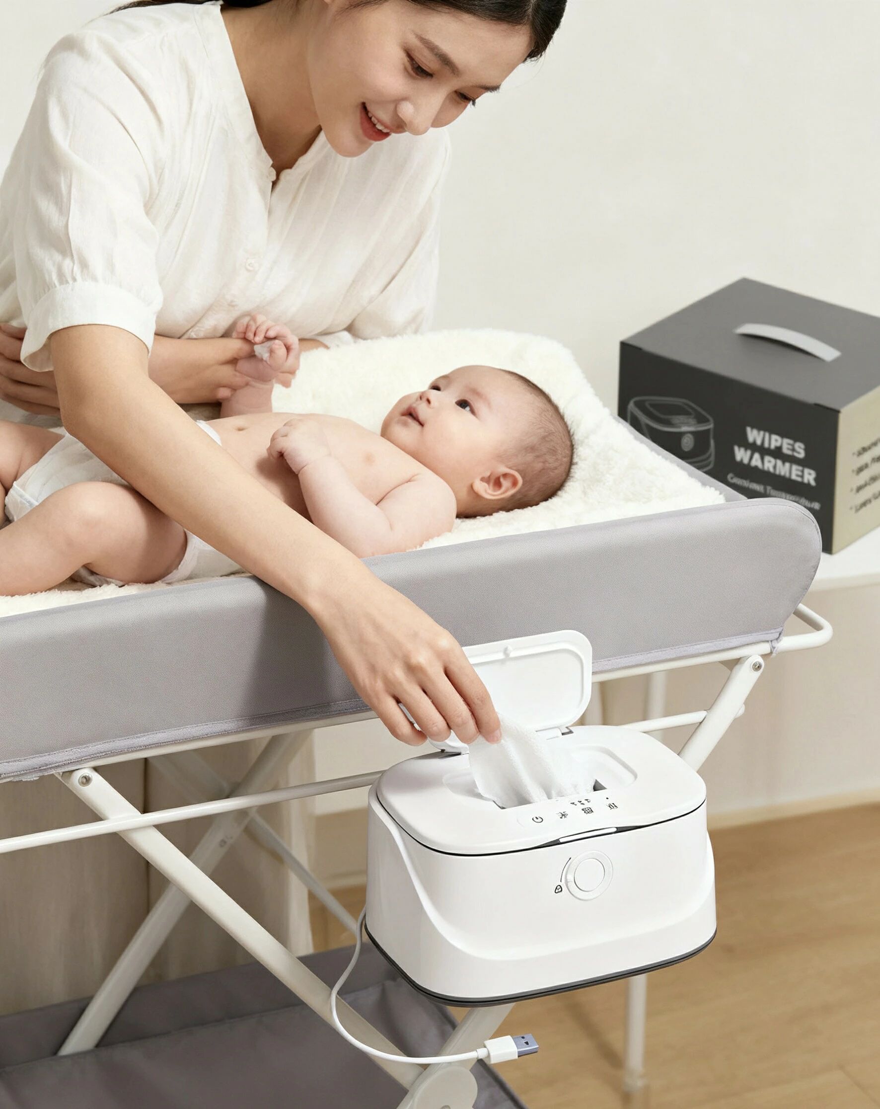 泉商店のおしりふきウォーマー 赤ちゃん用 温め器 急速加熱 3段階温度調節 恒温 省エネ USB給電 ナイトライト付き 静音 安全ロック 大容量タイプ 冬の寒さ対策｜アングル2