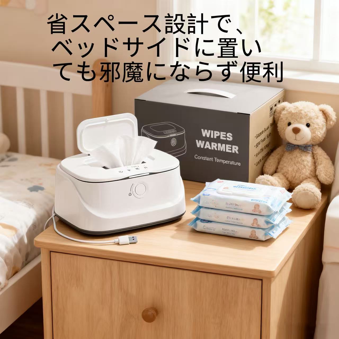 泉商店のおしりふきウォーマー 赤ちゃん用 温め器 急速加熱 3段階温度調節 恒温 省エネ USB給電 ナイトライト付き 静音 安全ロック 大容量タイプ 冬の寒さ対策｜アングル3