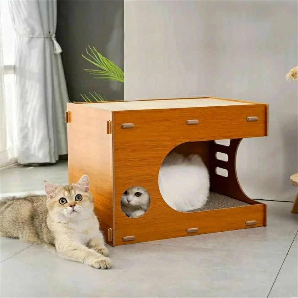 一緒に使えるキャットハウスと爪とぎ 猫が自由に遊べる屋根付きキャットハウス型ベッド 下のスペースは日中薄くて暗い環境を作り出すことができ、暗闇が好きな猫に非常に適しています。 猫は隠れて安らかに眠ることができます。 お部屋に飾れるキャットクローグラインダー ダンボールボックスハウス リビング家具としても使える、ナチュラルスタイルの木製キャットハウス。 また、ケージやコーナーへの設置に適した、段ボール箱のような四角い形状に設計されています。 宇宙好きな猫ちゃんにぴったり！ 猫爪とぎ板＆両面使用＆猫すり小屋 爪とぎ2個と猫砂1個を購入したので両面使うより経済的です。 本体は夏涼しく冬暖かく通気性・断熱性に優れた木製を使用しているので一年中快適にお使いいただけます。 猫のダンボールハウス 丈夫で組み立て簡単な猫ダンボールハウス 木製でゴムでしっかりと固定されているので、猫が一生使えるほど丈夫です。 また、デザインがシンプルなので、初心者でも簡単に組み立てることができます。 荷重10kg 製品情報 デザイン：セミオープン＆ベッド上下デザイン サイズ：45.4*31*30cm 材質：高強度木材 中型猫、子猫、大型猫などに適しています。 構造が安定しており、複数の猫が同時に使用することができます。 ※商品には多少の個体差がございます。予めご了承くださいませ。 ※PC環境・光の具合により、色や素材のイメージが写真と若干異なる場合がございます。 ※モデル・写真に使用されているアクセサリー・小物は別途記載が無い限り付属いたしません。 ※商品のお色はお客様のPC環境によって多少色合い、見え方など違ってまいりますのでご了承下さいますようお願いします。 ※写真の色調はご使用のモニターの機種や設定により実際の商品と異なる場合があります。 ※商品のサイズは、全て平置きにて外寸を測定しております。 ※商品によっては±1cm～3cmの誤差が発生してしまう場合がございます。予めご理解いただきますようお願い致します。 ※該当商品は他店と在庫共有です。タイミングにより、在庫ズレが生じる場合がございます。予めご了承ください。 ※パッケージは改良のため予告なく仕様を変更する場合があります、ご理解いただきますようお願い致します。