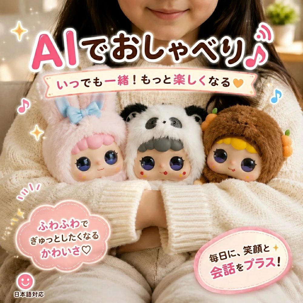 01. 中身は超賢いAI頭脳！ ChatGPTなどの最新AI大模型を搭載。決まった言葉を返すだけの録音おもちゃとは違い、文脈を理解して無限の会話が楽しめます。子供の「なぜ？なに？」にも即座に回答し、大人には良き相談相手になります。 02. 遊びながら楽しく英語学習 なんと66ヶ国語に対応！ネイティブな発音で、自然に語学力がアップします。小さなお子様の「初めての英語」の練習相手にぴったり。高額な英会話教材の代わりにもなる、最高の知育玩具です。 03. なでると喜ぶ究極の癒し効果 体に隠しスイッチを搭載。ふわふわの毛並みをなでると、愛らしい反応が返ってきたり、目の色が変化したりします。疲れた心に寄り添う、あなただけの専属セラピストとして活躍します。 04. スマホで性格までカスタマイズ 専用アプリと連携すれば、キャラクターの変更や音声調整が自由自在。今日はどんな性格にする？その日の気分に合わせて、相棒のキャラクターを変えられます。01. 中身は超賢いAI頭脳！ ChatGPTなどの最新AI大模型を搭載。決まった言葉を返すだけの録音おもちゃとは違い、文脈を理解して無限の会話が楽しめます。子供の「なぜ？なに？」にも即座に回答し、大人には良き相談相手になります。 02. 遊びながら楽しく英語学習 なんと66ヶ国語に対応！ネイティブな発音で、自然に語学力がアップします。小さなお子様の「初めての英語」の練習相手にぴったり。高額な英会話教材の代わりにもなる、最高の知育玩具です。 03. なでると喜ぶ究極の癒し効果 体に隠しスイッチを搭載。ふわふわの毛並みをなでると、愛らしい反応が返ってきたり、目の色が変化したりします。疲れた心に寄り添う、あなただけの専属セラピストとして活躍します。 04. スマホで性格までカスタマイズ 専用アプリと連携すれば、キャラクターの変更や音声調整が自由自在。今日はどんな性格にする？その日の気分に合わせて、相棒のキャラクターを変えられます。