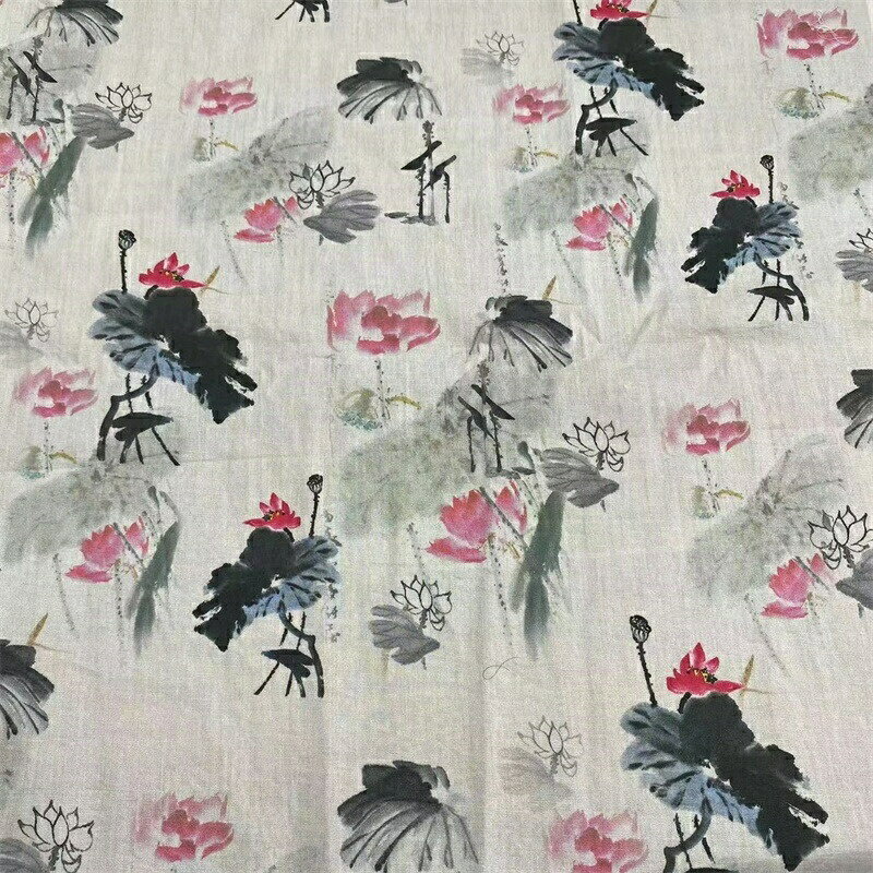 145cm幅 190cm単位 生地 プリント cm幅 cm単位 無地 ジャカード生地 布 布地 綿生地 ハス柄 蓮の花 蓮の葉 水墨風 中華風 ピンク 黒