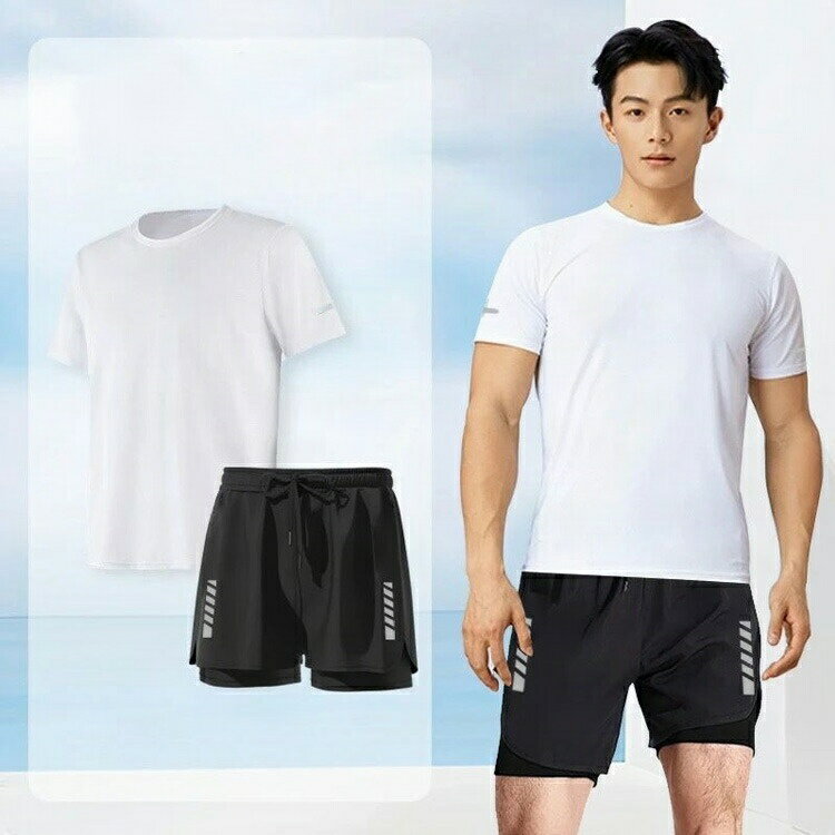 フィットネス 水着 2点セット メンズ 水着 上下セット 半袖Tシャツ ショートパンツ 男性用 セパレート 体型カバー 水陸両用 吸汗速乾 通気性 大きいサイズ インナーパンツ付き 海パン スポーツ ジム 海遊び