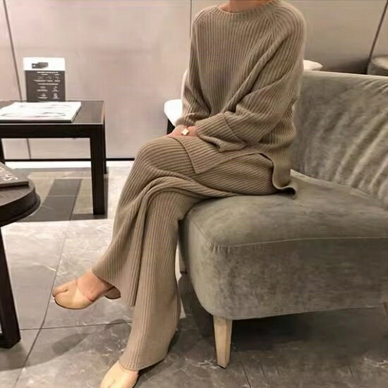 ツーピース 長ズボン セーター 2点セット レディース ボトムス ワイドパ トップス プルオーバー ラウンドネック 上下セット 長袖