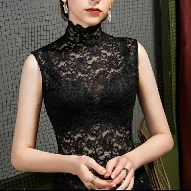 ハイネック シースルーブラウス ノースリーブ シースルー 送料無料 トップス レディース レースブラウス タイト 透け感 フラワー レース 刺繍 セクシー 春夏 夏 おしゃれ