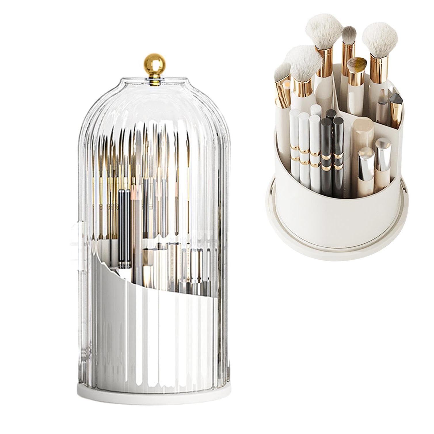 メイクブラシケース 蓋付き 360度回転 メイクブラシ立て 横開き 化粧ブラシ 収納ボックス 防水防塵 メイクブラシ 収納 大容量 分類収納 透明 メイクブラシスタンド (透明な白)
