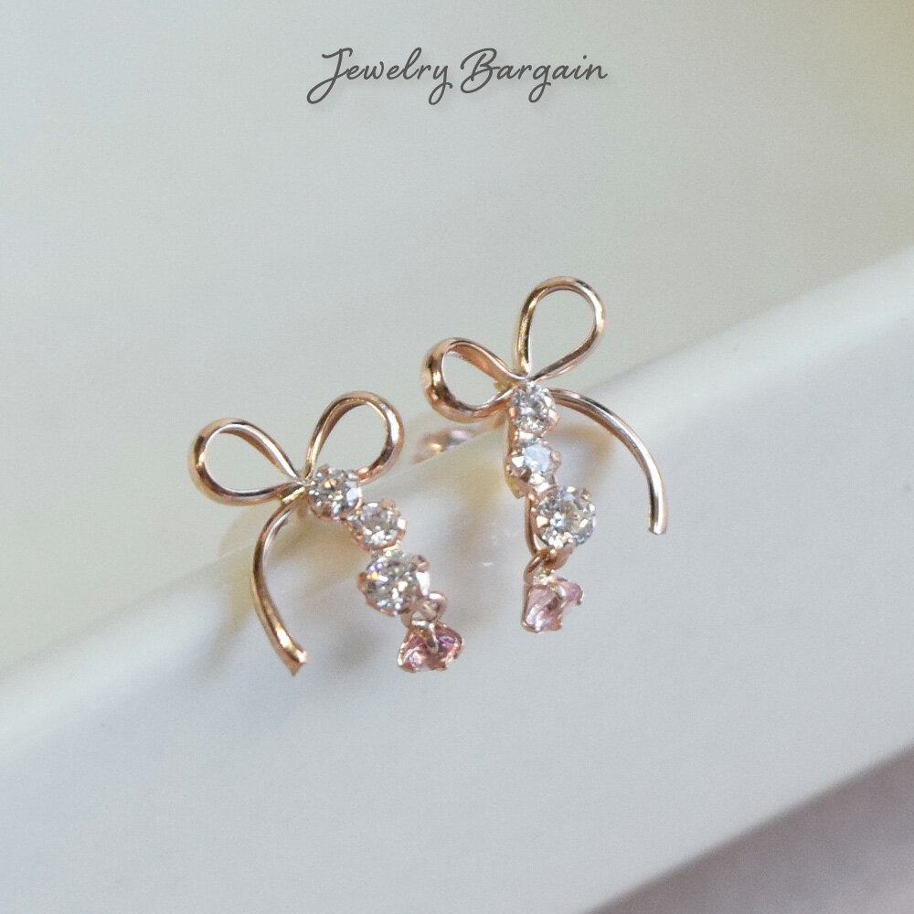 10金 ピアス リボン ピンクトルマリン 揺れる ピンクゴールド キュービックジルコニア 10k K10 両耳用レディース 女性用 誕生日プレゼント 妻 母 娘...