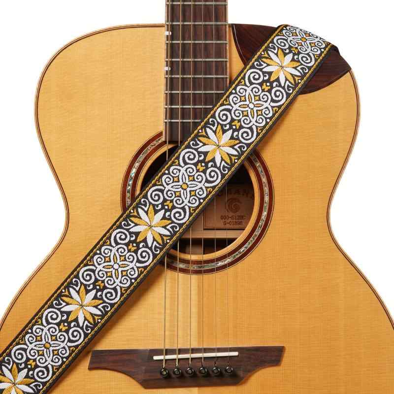 [Amumu] 5cm幅イエロー・フーテナニー刺繍ギターストラップ - プレミアムレザーエンド - アコースティック、エレクトリック、ベースギター、ウクレレ、マンドリン対応