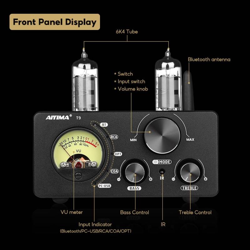 AIYIMA T9 Bluetooth 5.0 100W*2チューブアンプ 2.0チャンネル 真空管 USB DACステレオHiFiホームオーディオデジタルアンプ RCA/COA/Opt/PC-USB、VUメータ付き