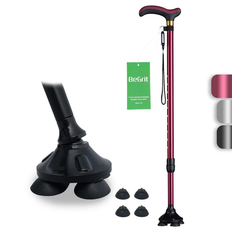 BeGrit ワインレッド伸縮ステッキ 杖 4本足 自立式 4点杖 軽量 多機能ステッキつえ 杖 男性用と女性用 ..