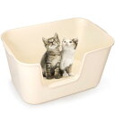 猫用トイレ 大型 大容量 深め 飛び散らない 猫用 トイレ 本体 大きい猫 多匹飼い 大きいトイレ 飛び散り防止 簡単掃除(62×42.5×32.5cm ベージュ)