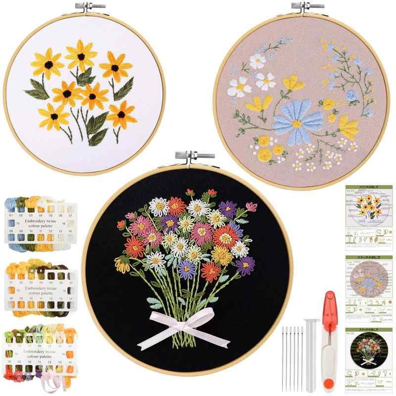 mefeny 刺繍キット 刺しゅう 初心者 刺繍初心者キット 花 英語と日本語説明書付き 竹製刺繍枠3本15CM/1..