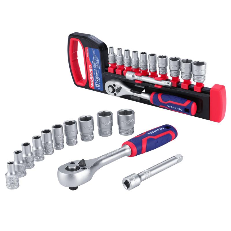 WORKPRO ソケットレンチセット ラチェットレンチ 差込角6.35mm 12点組 六角ソケット クイックリリースラチェットハンドル 車載工具 ホルダー付き 車 バイク 機械点検 メンテナンス【セット内容】差込角6.35mm(1/4インチ)のツールセットです。クイックリリースラチェットレンチ×1、75mmエクステンションバー×1、ソケット10点組(4、5、5.5、6、7、8、10、12、13、14mm)、収納ホルダー×1。注意：メートル制のソケットなので、インチ制対象物に対応できません。【高品質な材質】ラチェットレンチは表面に熱処理されたステンレス鋼材質を利用して、耐衝撃性が非常に優れて、耐久性も実現しました。ソケットとエクステンションバーは表面にメッキされ、完全的に熱処理されたクロムバナジウム鋼を利用して、強度と耐摩耗性を両立しています。 錆にくくて、長持ちします。【こだわりの特徴】ラチェットハンドルはクイックリリースのデザインで、ボタンを押すだけでソケットを簡単に着脱できます。72山ギアを採用しており、細やかな動きが可能で狭い場所での作業性は抜群です。作業中によく使われるソケットサイズを揃い、一つのセットでいろんな場面に対応できます。【豊富な使用場面】各種ボルト・ナット・ネジの締付け、緩め作業できて、車やバイクなどのメンテナンス用、自動車業界に基本的な工具です。機械などの点検や補修工具としても一般産業に広く使用されています。【専用ホルダー付き】ソケットを簡単にホルダーから取り外せ、取り付けることができます。コンパクト設計で、ソケット、エクステンションバー、ラチェットハンドルを同時に収納することができます。吊り下げ穴付きで、壁にかけて保管し、紛失のリスクを軽減します。レンチの収納方法：ホルダーにある穴を合わせて、レンチのヘッド部分を押しながら、てこの原理でハンドルを容易に押せます。