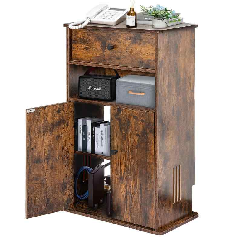 AKOZLIN 電話台 木製 FAX台 ルーター収納 ボックス 引き出し 扉付き コード穴 モデム ケーブル 収納 ファックス台 大容量 幅48×奥行27×高さ83cm ダークブラウン