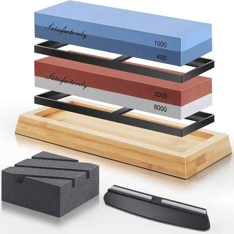 砥石セット 包丁研ぎ 両面砥石 #400/1000/3000/8000 荒砥・中砥・仕上げ用 家庭用 料理店用 竹製滑り止め台付き 角度固定ホルダー 面直し 研ぎ器 日本語説明書付