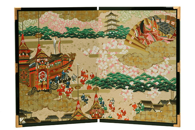 【全品5%OFFクーポン発行中】屏風 衝立 友禅和紙工芸品 18号二曲絵屏風 祇園祭 82cm幅 日本製 送料無料 ギフト インテリア 飾り 衝立 日本土産 海外向け 日本みやげ アート和室 リビン グ贈り物 おしゃれ 和風 屏風絵 ミニ