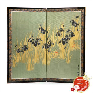 二曲屏風 正絹地 川俣ブルー 金彩 かきつばた 杜若 粋宝作 高さ90cm 吊り金具付 絵屏風 日本製 インテリア 贈答品 記念品