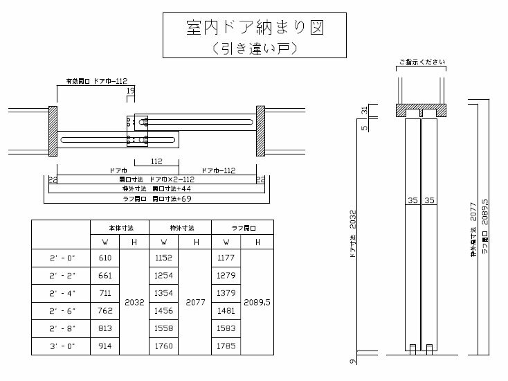 室内ドア引き違い用 固定枠セット見込み114mm