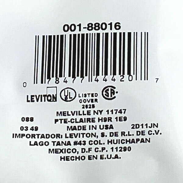 アメリカ製 本物です！LEVITON プラプレート 4口コンセント 白 88016