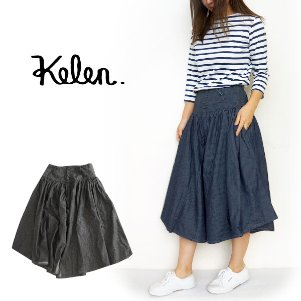 10%OFFクーポンプレゼント！ kelen ケレン パンツ ハカマパンツ hakama pants ワイドギャザーパンツ レディース ヘリンボーン デニム ストライプ ワイドパンツ 7分丈 Lui (LKL18HPT18)≪★返品交換対象外≫