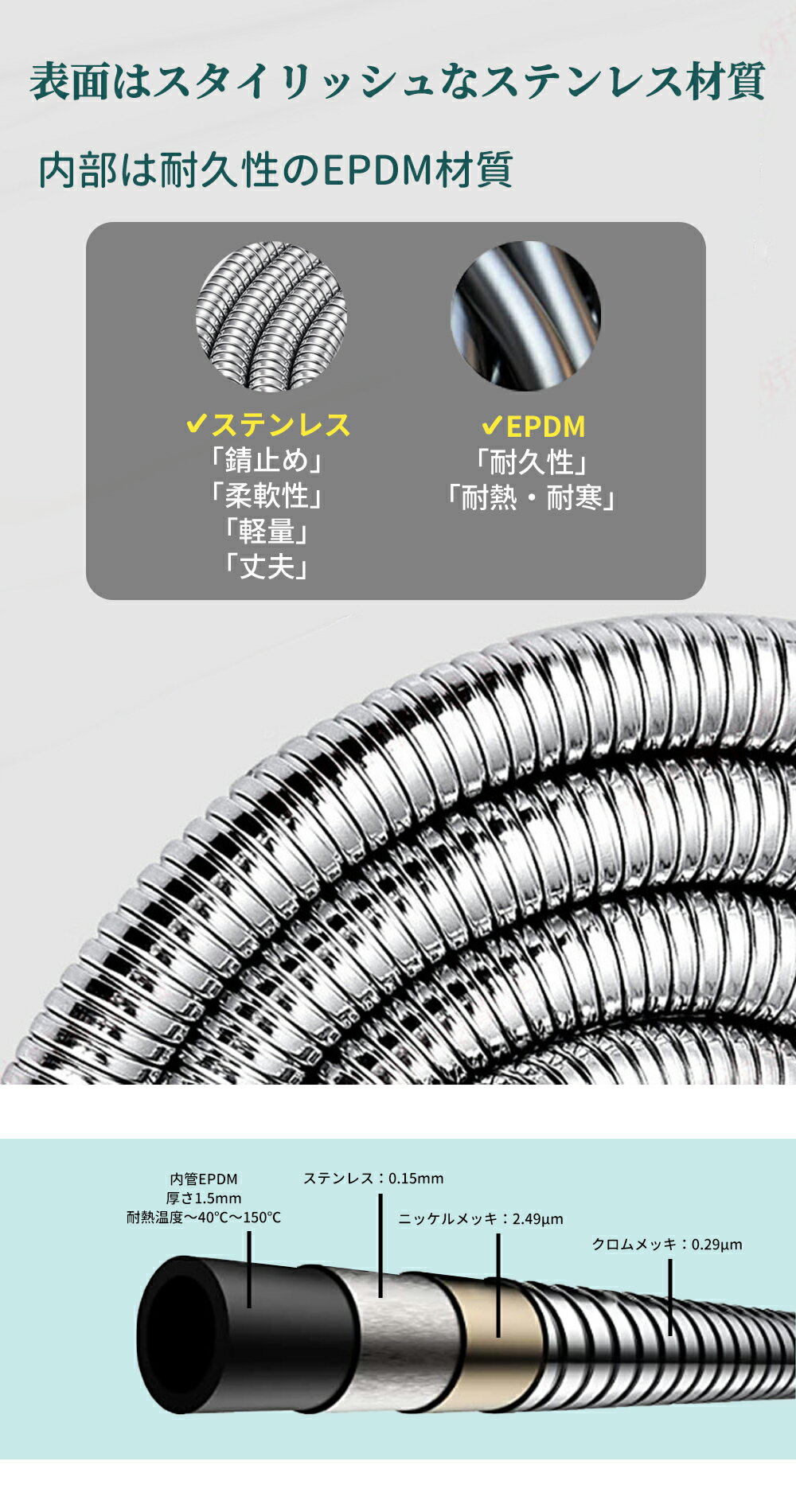 【激アツ価格＆クーポンで2,180円】シャワーホース ステンレス 2m 200cm しなやか 柔軟 軽量 360°回転 ねじれない 高水圧 国際基準G1/2 取付簡単 工具不要