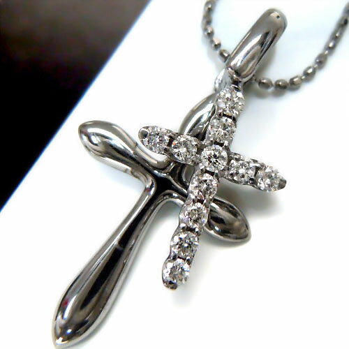 Rakuten - 『ジュエリークイーン』ホワイトゴールド(K18WG) ダイヤモンド ネックレス(0.20ct/十字架/クロス/ダブルクロス/ブラックメッキ)【宝石 ジュエリー】【プレゼント】【刻印無料】*