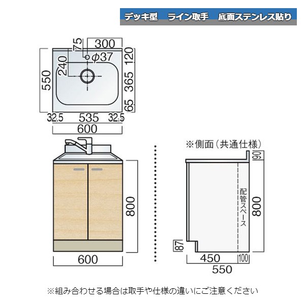 レマン デッキ型 ライン取手 水栓穴あり 単槽流し台 幅60cm 底面ステンレス貼り キッチン