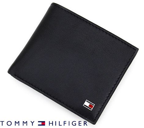 トミーヒルフィガー TOMMYHILFIGER　トミーヒルフィガー　31TL25X003 001　レザー　小銭入れ付き　二つ折り財布 財布　メンズ ブラック 【送料無料】