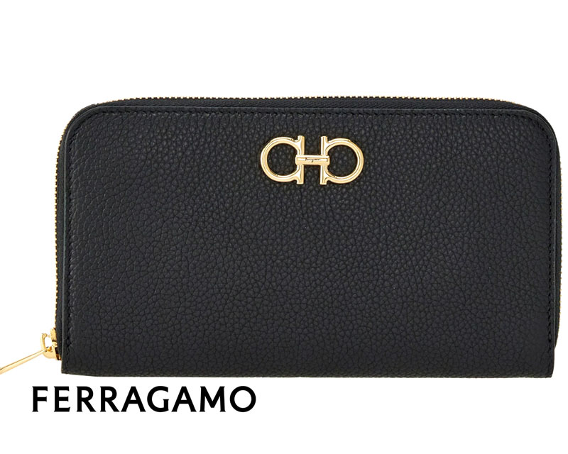 サルヴァトーレ フェラガモ 革長財布 レディース Salvatore Ferragamo サルヴァトーレ フェラガモ 220405 0758661 レザー ラウンドファスナー長財布 小銭入れ付 ガンチーニ オーガナイザー ブラック 新品【送料無料】