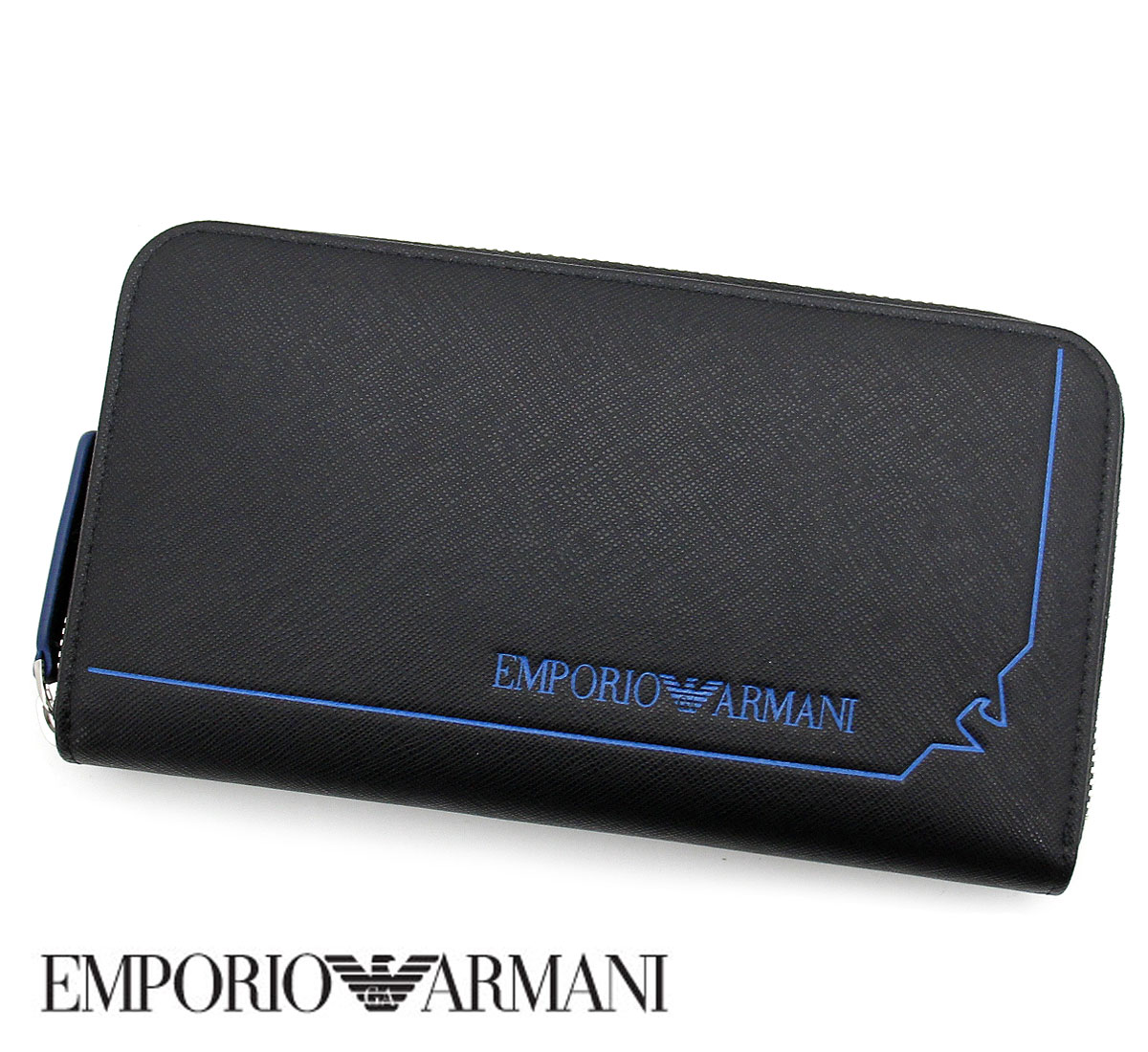 アルマーニ 長財布（メンズ） EMPORIO ARMANI エンポリオアルマーニ YEME49 Y731E 80001 小銭入れ付 長財布 ブラック×ブルー 新品 メンズ ギフト【送料無料】