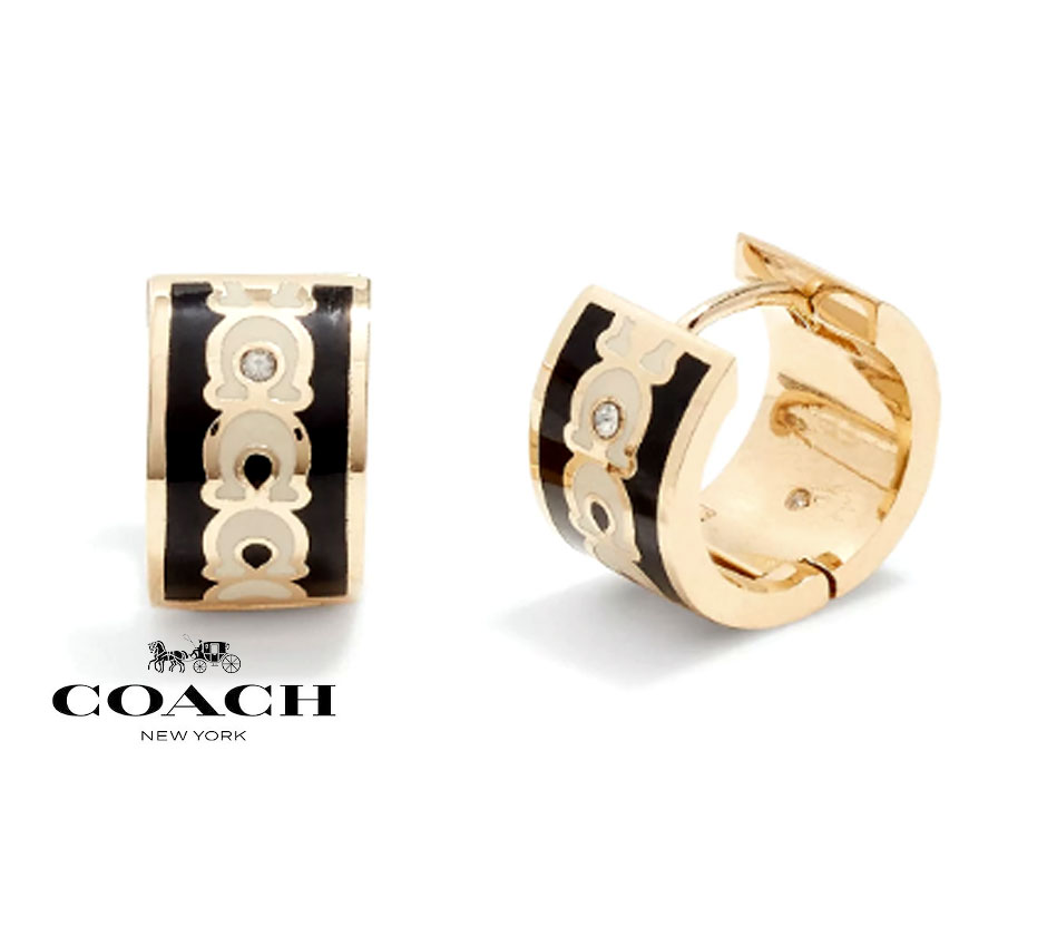 COACH コーチ C9362 シグネチャー フープ ピアス ワッカ エナメル ロゴ ゴールド×ブラック 保存袋 箱付き ギフト 37408098GL【送料無料...