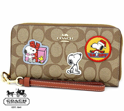 COACH アウトレット コーチ CF218 IMT1O シグネチャー ピーナッツ コラボ スヌーピー ヴァーシティー ワッペン ジップ アラウンド ラウンドファスナー 長財布 ストラップ付き カーキ×レッドウッドマルチ【送料無料】