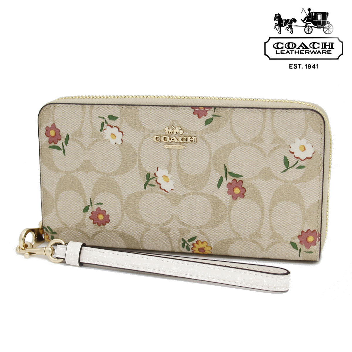 COACH アウトレット コーチ CH360 IMOT4 シグネチャー ノスタルジック デイジー ロング ジップ アラウンド ウォレット ラウンドファスナー 長財布　ストラップ付き 花柄　ライトカーキ 【送料無料】のサムネイル