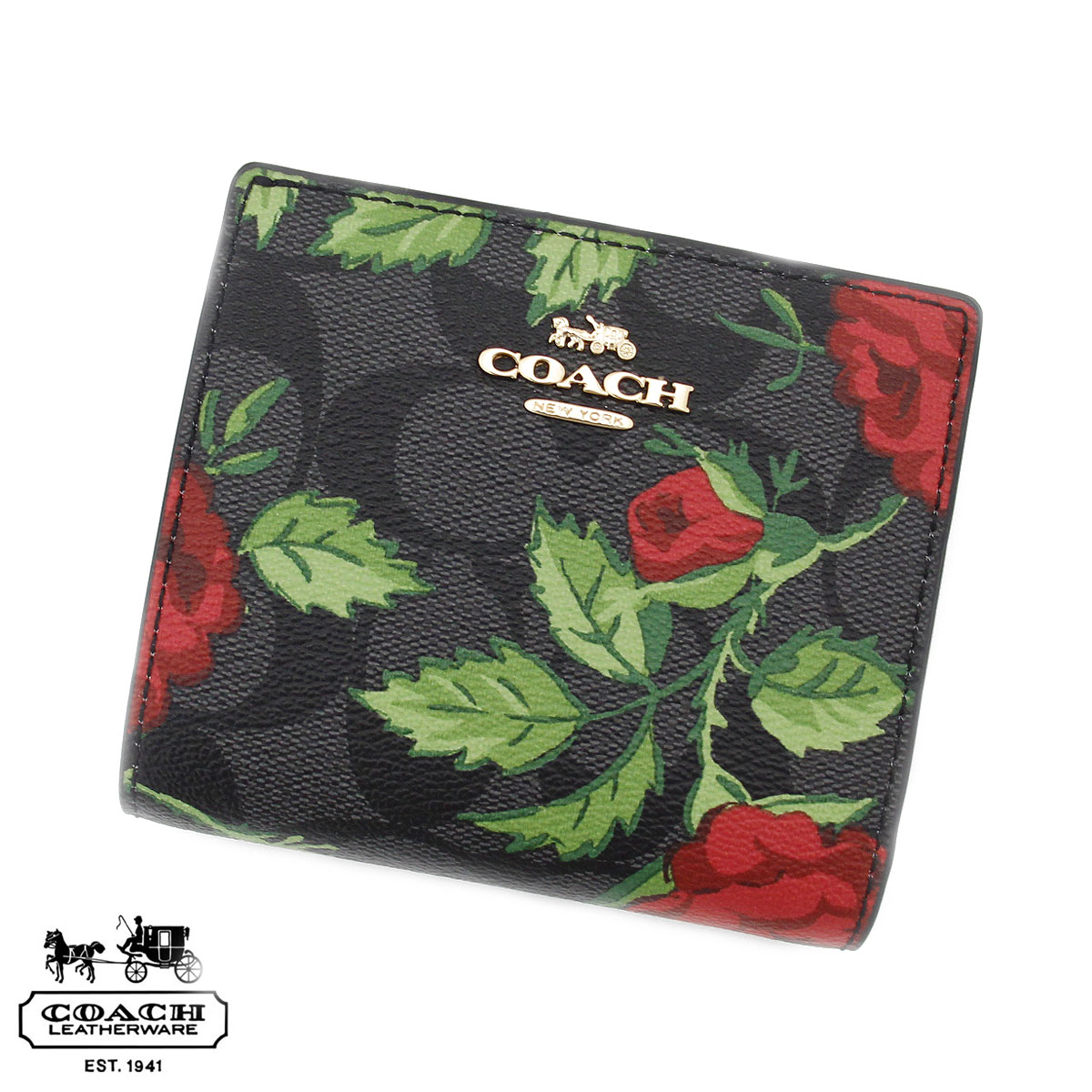 COACH　アウトレット　コーチ 　CC858 IMUQ4　シグネチャー スナップ ウォレット Cチャーム 二つ折り財布 　グラフィット レッド マルチ フラワー 【送料無料】