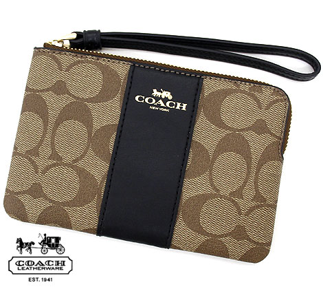 COACH アウトレット　コーチ F58035 IMCBI　シグネチャー　コーナー ジップ　リストレット ポーチ　小物入れ　カーキ×ブラック【送料無料】