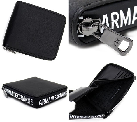 ARMANI EXCHANGE アルマーニ エクスチェンジ　958408 1A808 06021　ラウンドファスナー　二つ折り財布　小銭入れ付　レザー　ブラック【送料無料】