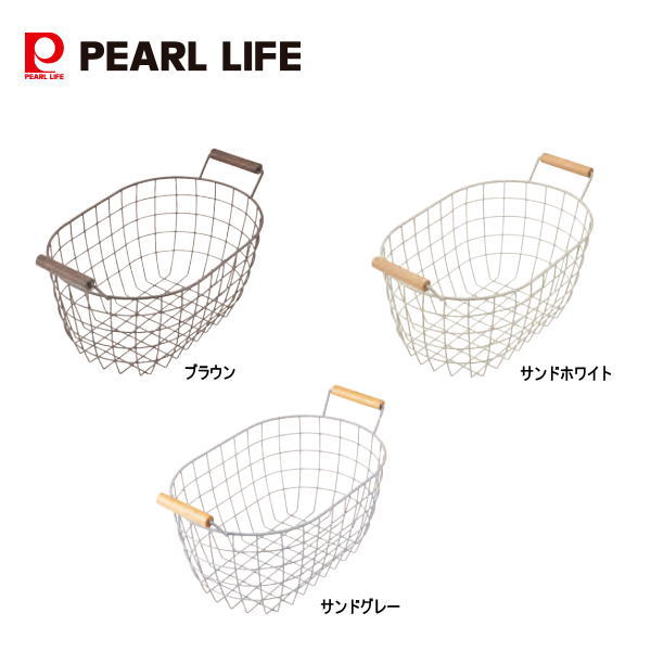 Rakuten - ワイヤーオーバルバスケット 木柄 S/M/L各ブラウン サンドホワイト サンドグレー N-7344N-7345N-7346N-7347N-7348N-7349N-7350N-7351N-7352 パール金属 家具 インテリア雑貨 日用品 小物 おしゃれ カゴ キッチン バスルーム 収納