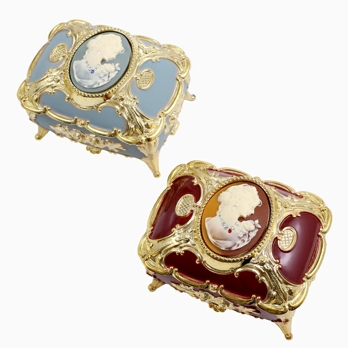 ◇アメリカ・SPRENDID◇【ミニジュエリーケース】 オルゴール ジュエリーボックス 宝石箱 ジュエリーケース カメオ CAMEO アクセサリー 小物入れ スクエア ブルー青 赤 ボルドー ワインレッド 可愛い 収納 インテリア 贈り物 プレゼント 癒し アンティーク調