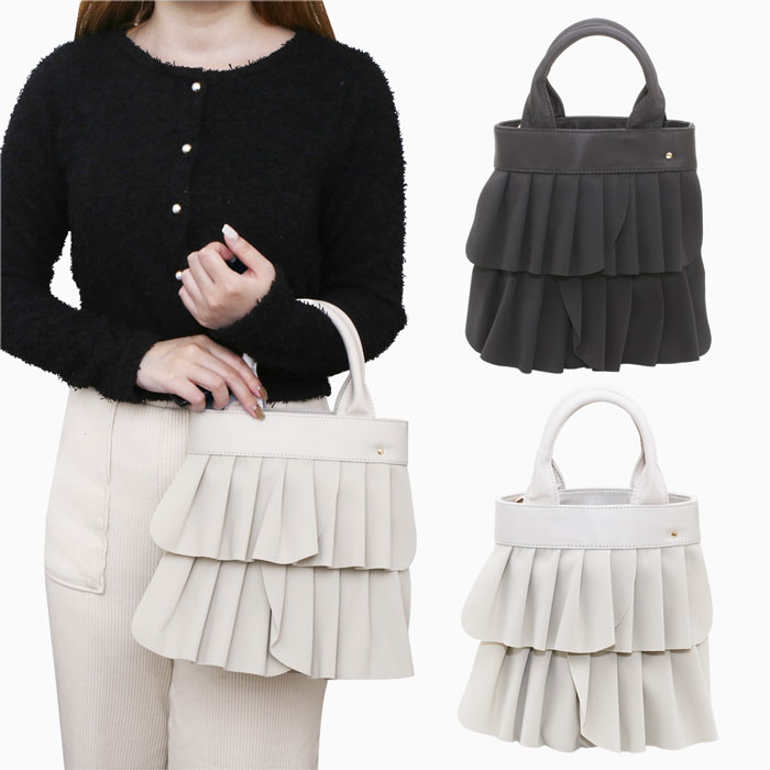 樂天商城 - 【送料無料】かばん カバン 鞄 BAG バッグ ハンドバッグ ショルダーバッグ 2WAY 肩掛け 斜め掛け 黒 ブラック グレー 軽量 撥水加工 プリーツ フリル お洒落 オシャレ シンプル フェミニン かわいい レディース 女性 お出かけ お祝い 誕生日 プレゼント 贈り物