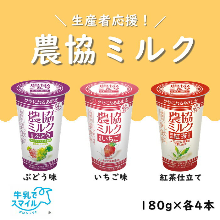 農協ミルク R943 (冷蔵) 送料無料 ギフト 贈答 お取り寄せ 国産 牛乳 乳飲料 濃甘いちご 国産紅茶仕立て ぶどう 協同乳業 メイトー SDGs 内祝い お返し プレゼント お中元 子ども フードロス削減 国産果汁のサムネイル