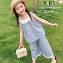 2点セット タンクトップ+ズボン カジュアル 韓国子供服 ナチュラル パンツ レース切り替え 夏 ノースリーブ 薄手 リボン 七分丈パンツ セットアップ ゆった...