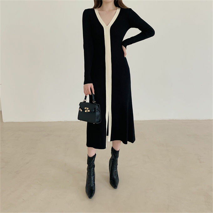 ニットワンピース レディース Vネック ロング丈 プルオーバー 長袖 リブ インナー 体型カバー 着回し 大人 可愛い カジュアル 通勤 オフィス 韓国ファッション 秋冬 送料無料