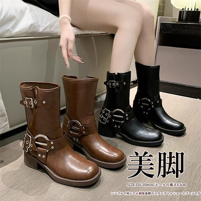 ブーツ レディース ショートブーツ チャンキーヒール スクエアトゥ ワークブーツ 合皮 美脚 厚底 疲れない 安定感 歩きやすい 通勤 オフィス 履きやすい トレンド お洒落 春 秋 送料無料