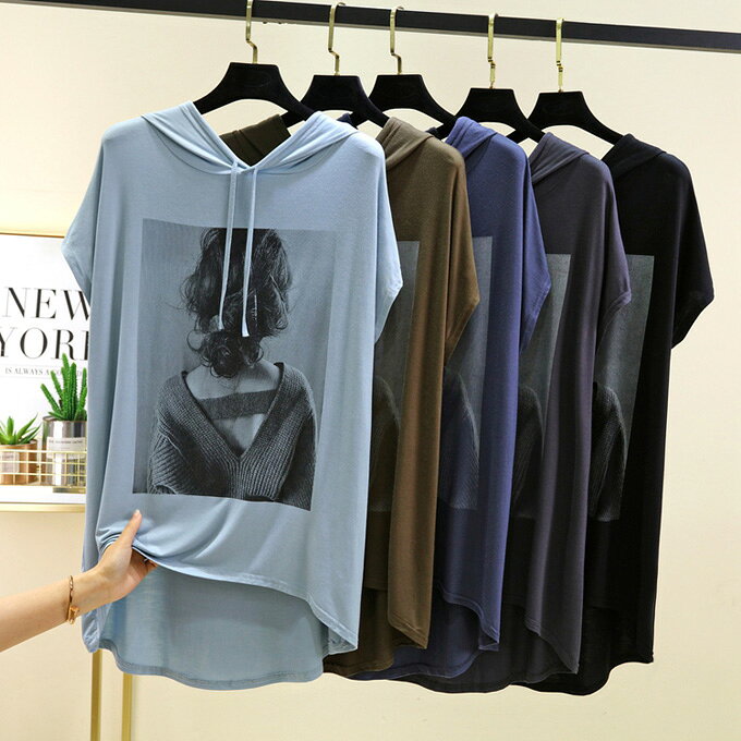 フード付きTシャツ 半袖 レディース パーカー 薄手 ロンT 夏 Tシャツ ゆったり 体型カバー カットソー モダール 柔らかい トップス フード付き カジュアル プリント tシャツ プルオーバー カジュアル おしゃれ 送料無料